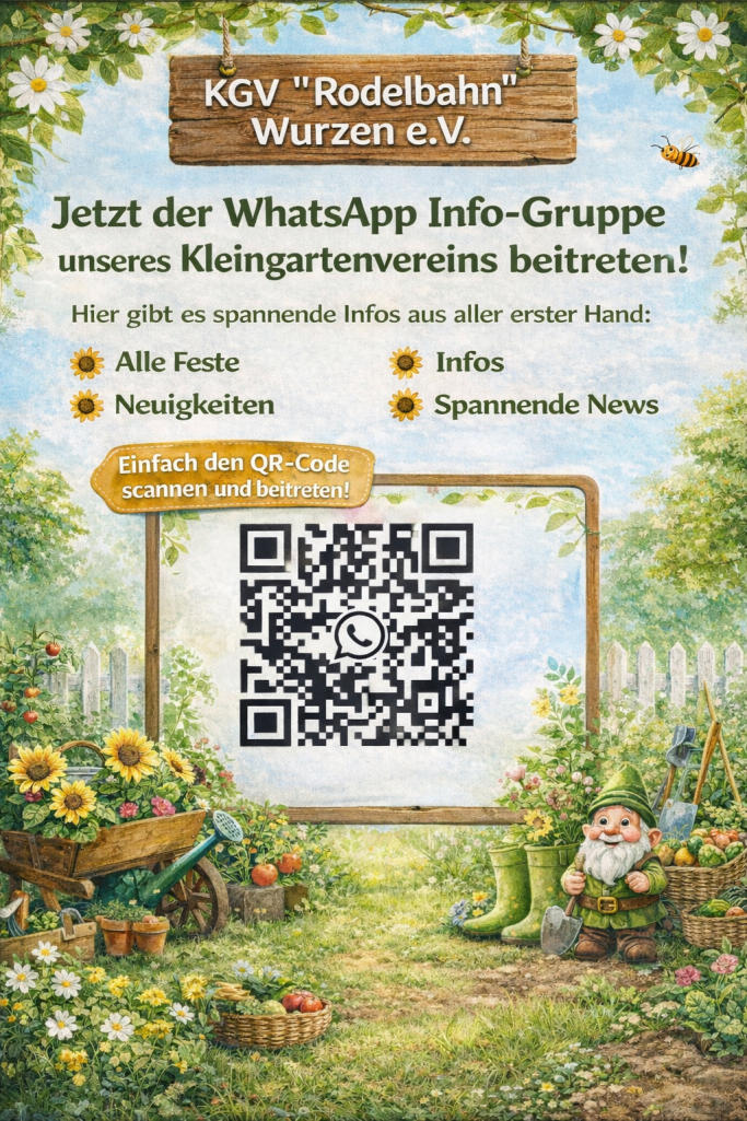 Ein bunter Hintergrund mit Blumendekor und QR-Code zur WhatsApp-Gruppe des KGV.